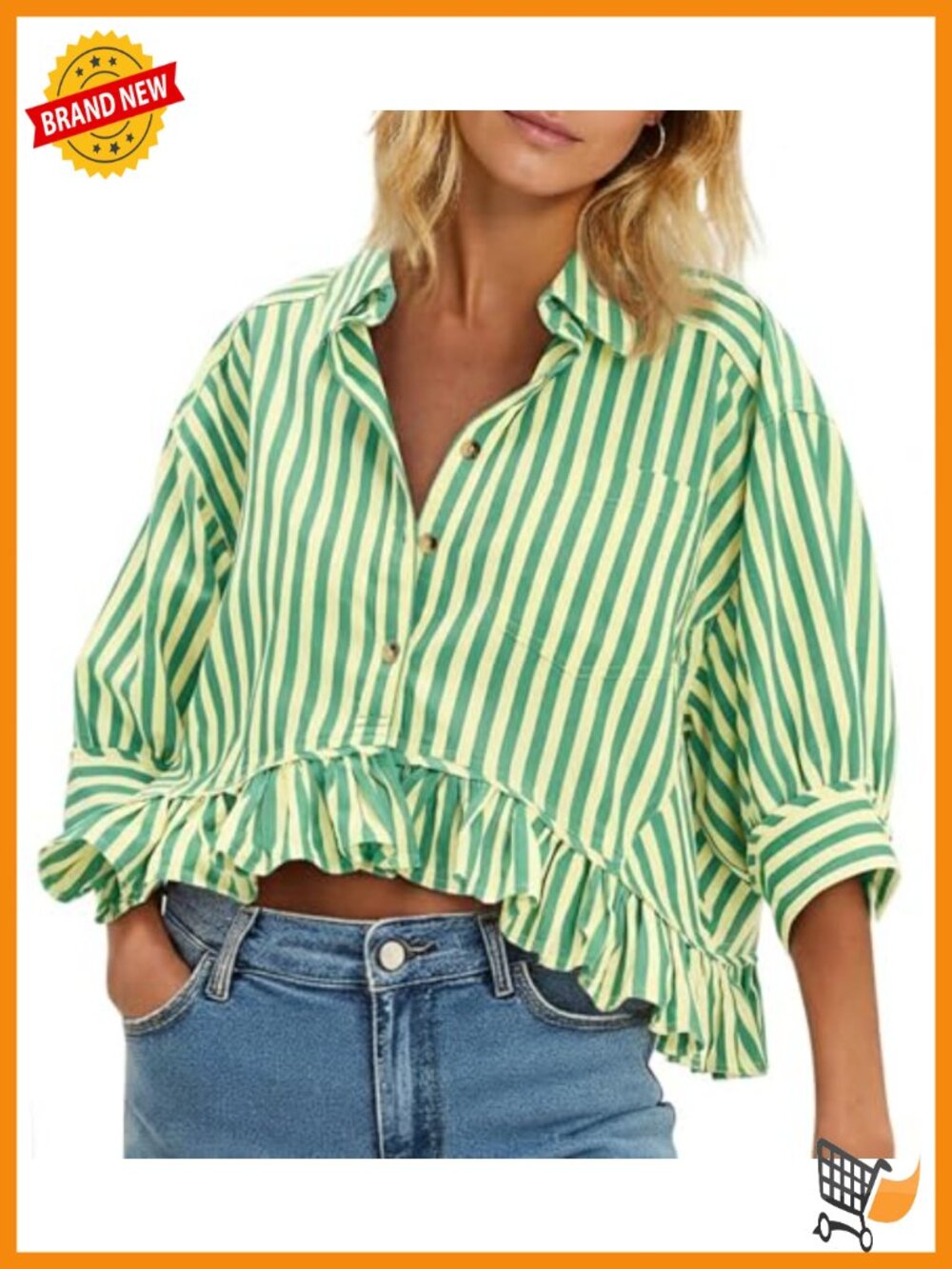 Cropped Striped Button Down Shirt Ruffle 3/4 Sleeve Blouse